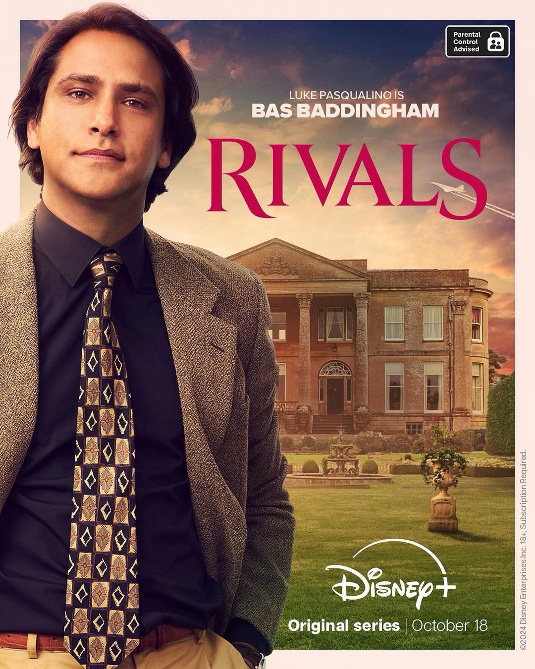 Promotional image for the television series 'Rivals' featuring a portrait of actor Luke Pasqualino with a mansion background.