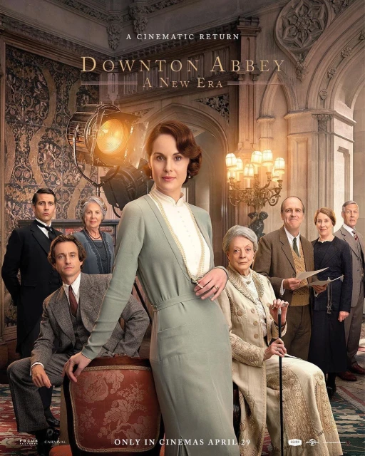 Downton Abbey: A New Era movie poster featuring cast members in formal attire inside a grand estate with vintage film lighting.