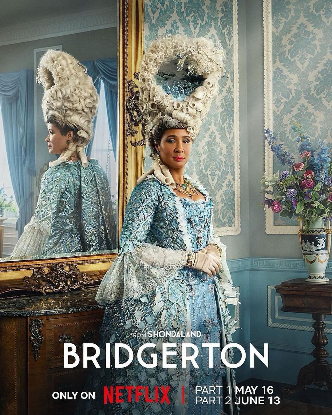 Promotional poster for Bridgerton featuring a woman in an elaborate white wig and blue dress with historical details in an indoor setting.