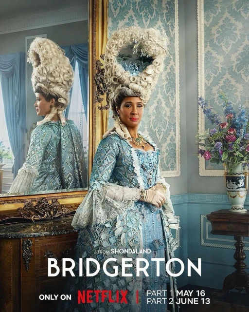 Promotional poster for Bridgerton featuring a woman in an elaborate white wig and blue dress with historical details in an indoor setting.