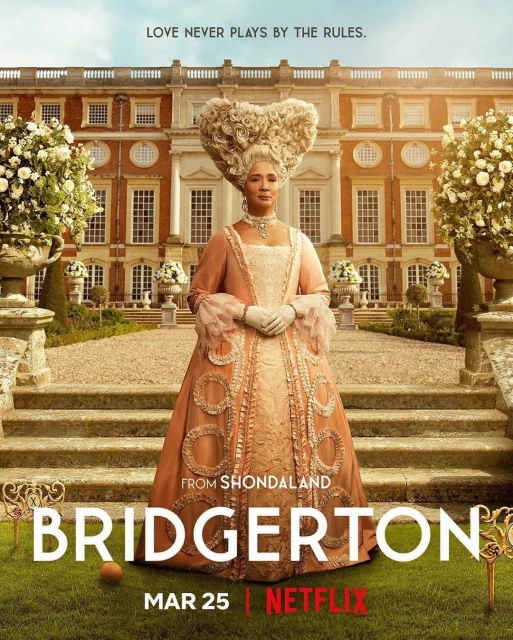 Promotional image for Bridgerton on Netflix featuring an adult female in period costume with a large white wig and building backdrop.