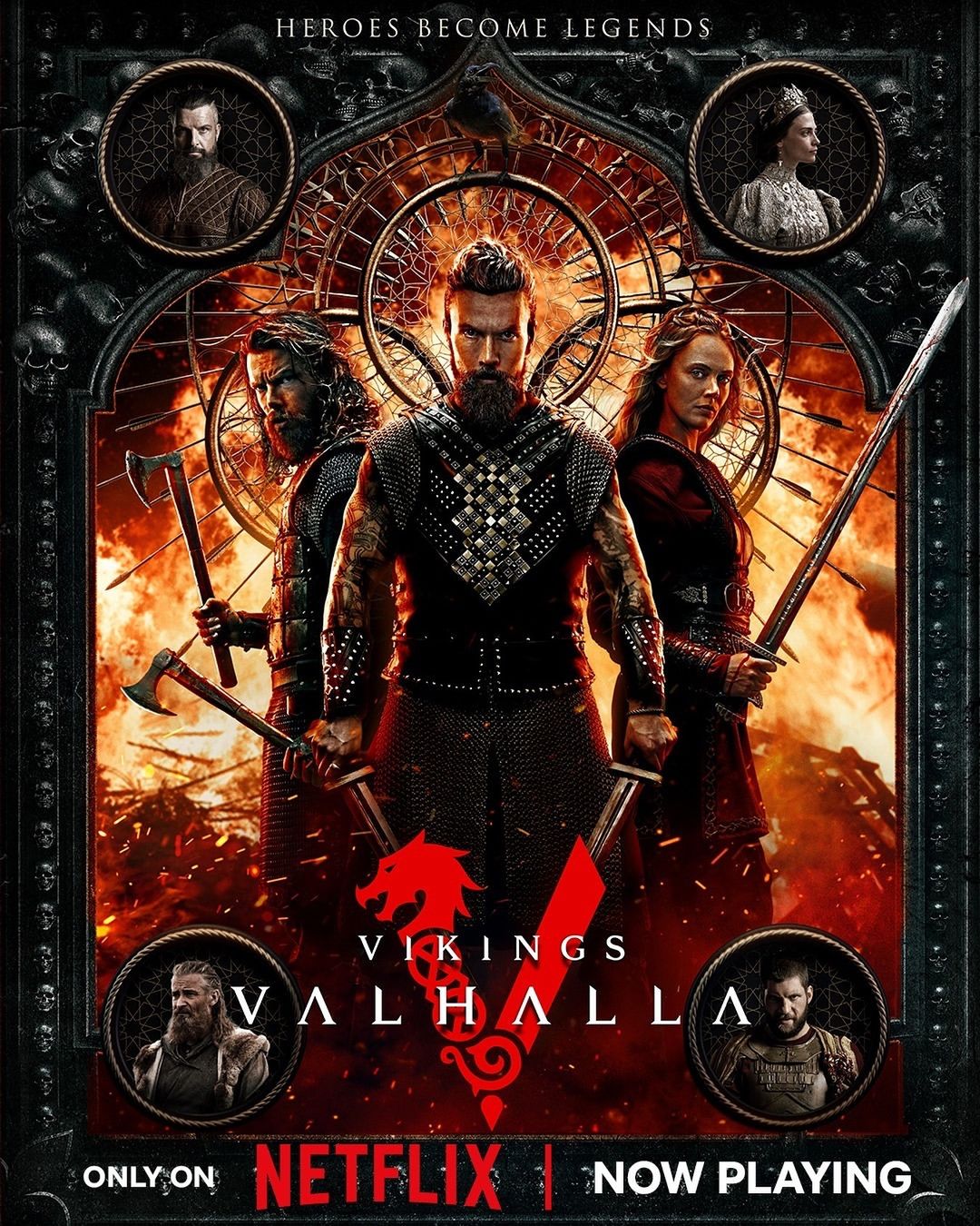 Movie poster of the TV series Vikings Valhalla with four warriors holding swords and axes, set against a red fiery background.