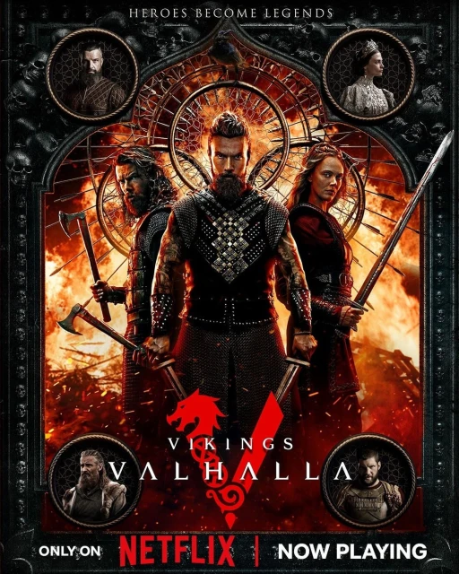 Movie poster of the TV series Vikings Valhalla with four warriors holding swords and axes, set against a red fiery background.