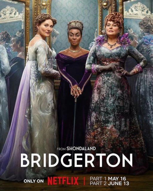 Three adult females in period costumes, standing indoors with a framed mirror behind them, promoting the Netflix show Bridgerton.