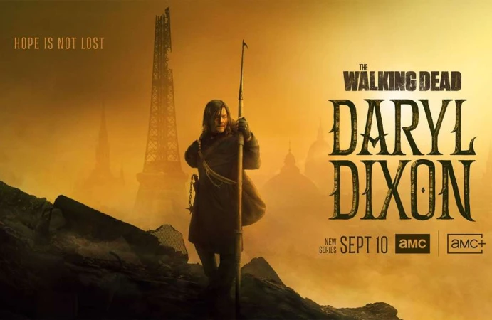 Poster for 'The Walking Dead: Daryl Dixon' features a man with a spear standing in a ruined city with muted, yellow-toned colors.
