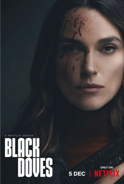 Portrait of Keira Knightley with blood on her face for Netflix 'Black Doves', a spy series launching December 5.
