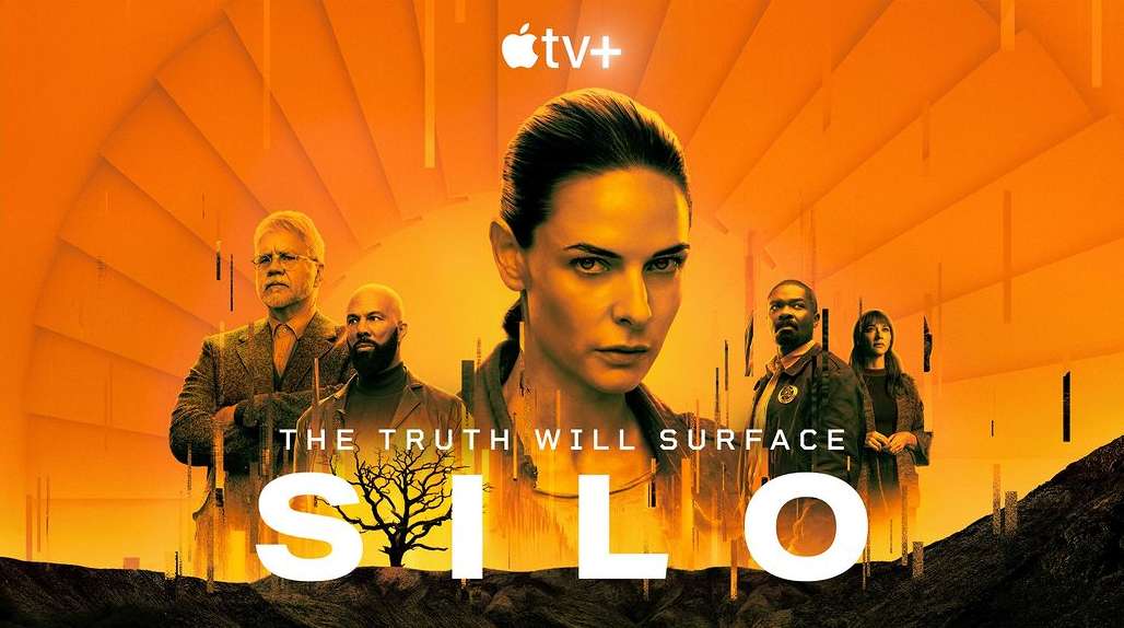 Movie poster for 'Silo' features a group of people and a barren tree against a gradient orange background with the show's title.