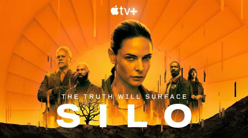 Movie poster for 'Silo' features a group of people and a barren tree against a gradient orange background with the show's title.