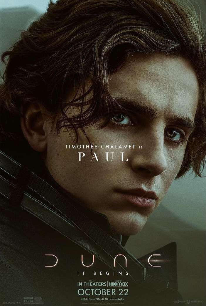 Dune movie poster featuring Timothée Chalamet as Paul, the film title in a futuristic font, and the release date of October 22.