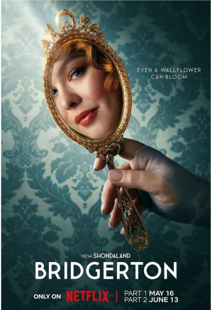 Bridgerton season 2 poster: Woman's reflection in gold mirror with ornate handle against blue damask wallpaper background.