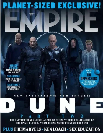 Empire Magazine cover features actors from the movie Dune Part Two. The image showcases a group of five individuals dressed in futuristic costumes.