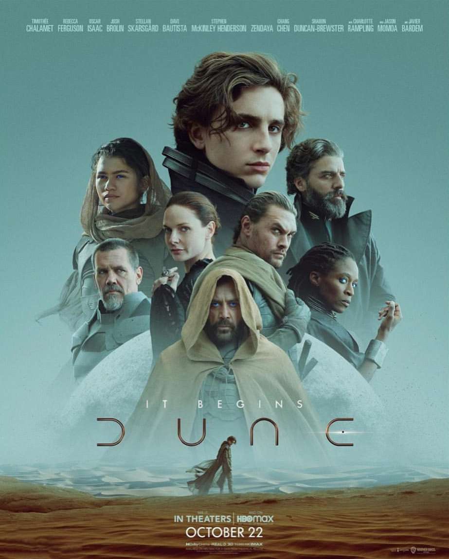 Dune movie poster featuring Timothée Chalamet and Zendaya. A group of actors stand in front of a desert landscape and blue sky.