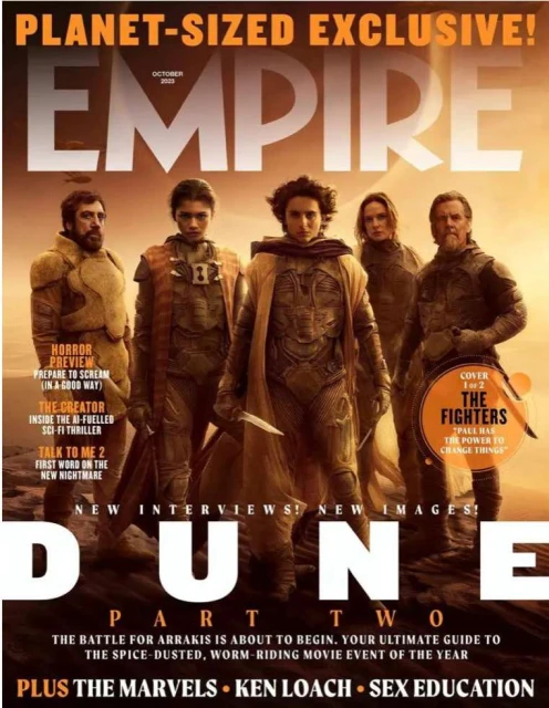 Empire magazine cover featuring five actors from Dune: Part Two. Actors are in costume and the magazine cover has a desert color scheme.
