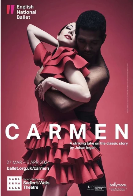 Ballet performance poster features a couple embraced in costume against a muted red backdrop, promoting English National Ballet's Carmen.
