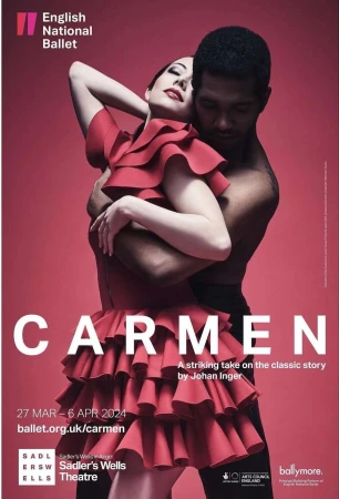 Ballet performance poster features a couple embraced in costume against a muted red backdrop, promoting English National Ballet's Carmen.