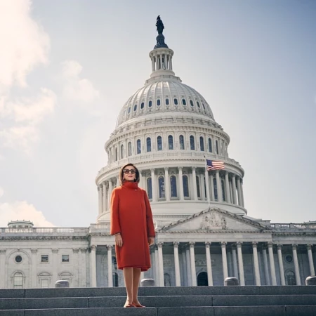 Woman in an orange coat stands on the steps of the United States Capitol Building under a sunny sky in an eye-level outdoor shot.
