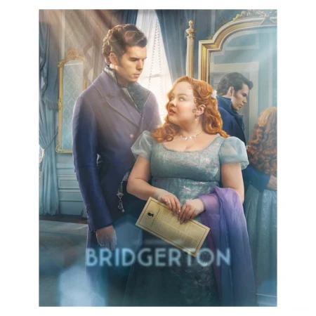 Promotional poster for Bridgerton Season 3 featuring a couple in a Regency-era ballroom, showcasing period costumes, formal attire, and elegant setting.