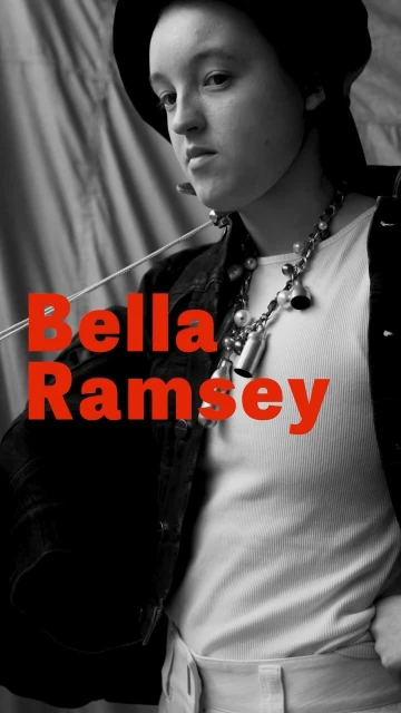 A portrait of Bella Ramsey in a modern editorial style, wearing a beret, jacket, and pearl necklace against a neutral backdrop.