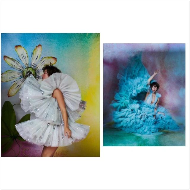 Two distinct photos show a woman in elaborate ruffled gowns against vibrant backgrounds, creating high-fashion fantasy images.
