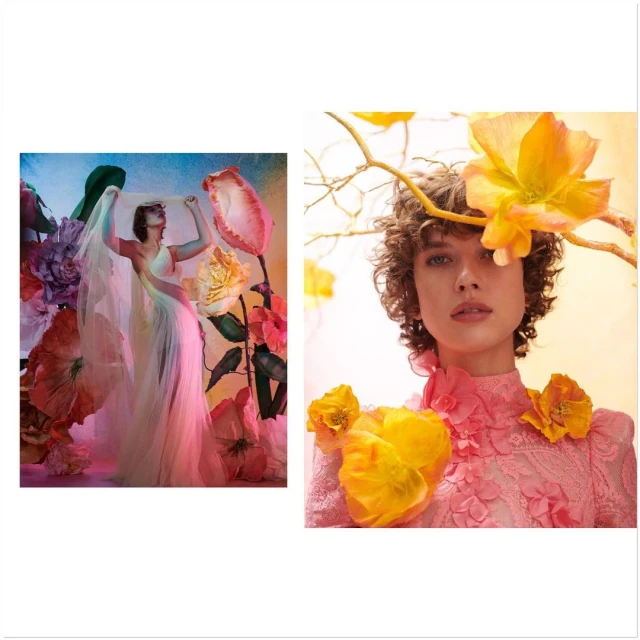 Two portraits of a fair-skinned woman with curly auburn hair, wearing a pink floral dress and surrounded by flowers. Beauty shot.