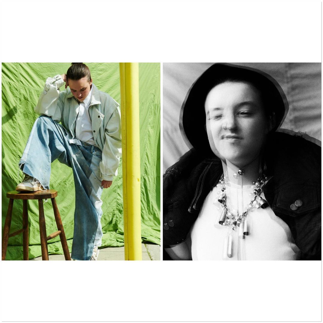 A fashion shot featuring a woman in wide-leg jeans sitting on a stool against a green backdrop, with a monochrome portrait on the right.