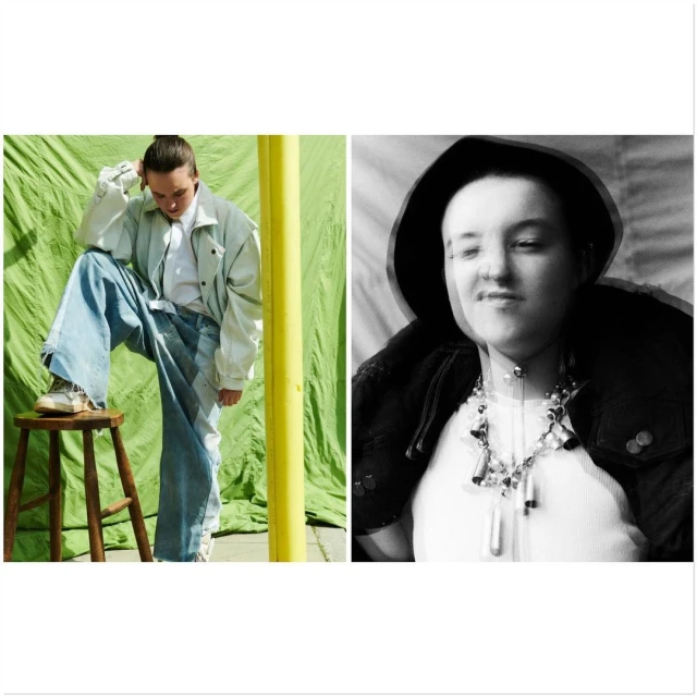 A fashion shot featuring a woman in wide-leg jeans sitting on a stool against a green backdrop, with a monochrome portrait on the right.