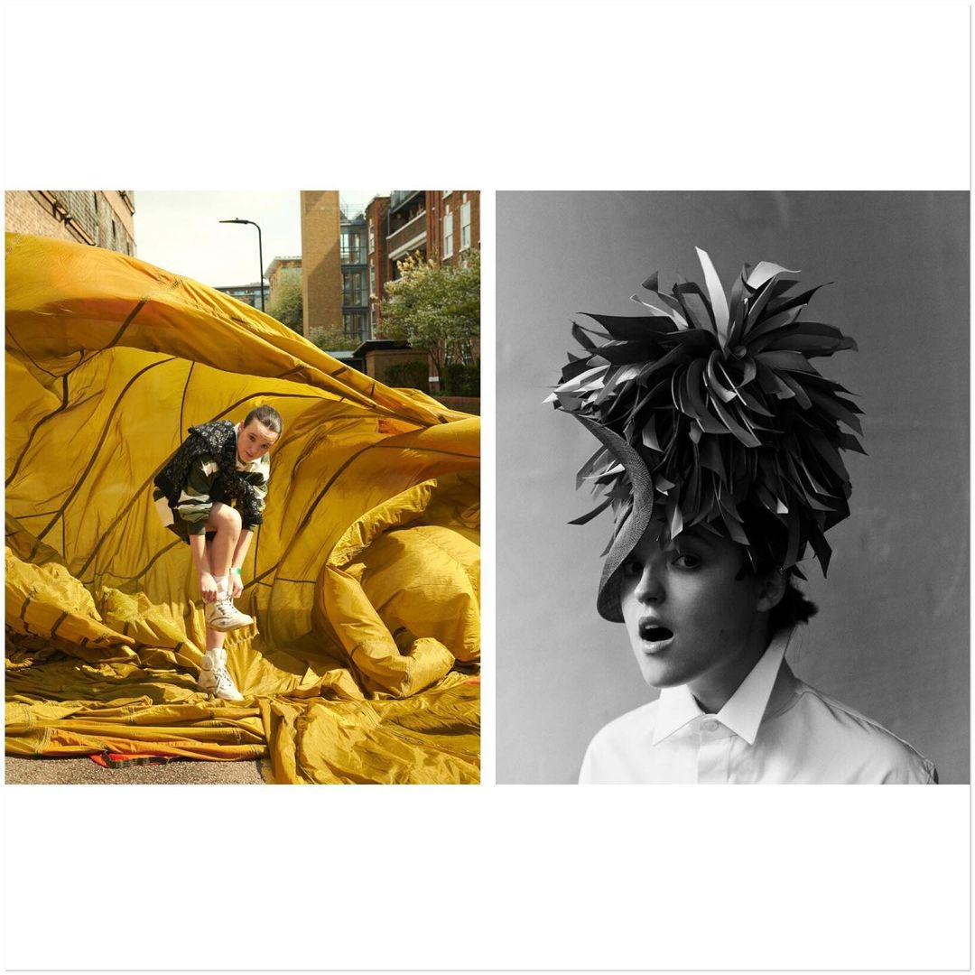 Outdoor fashion shot of a woman in a black jacket lacing up her white sneakers next to a collapsed yellow parachute, studio shot of a woman in an ornate feather hat.