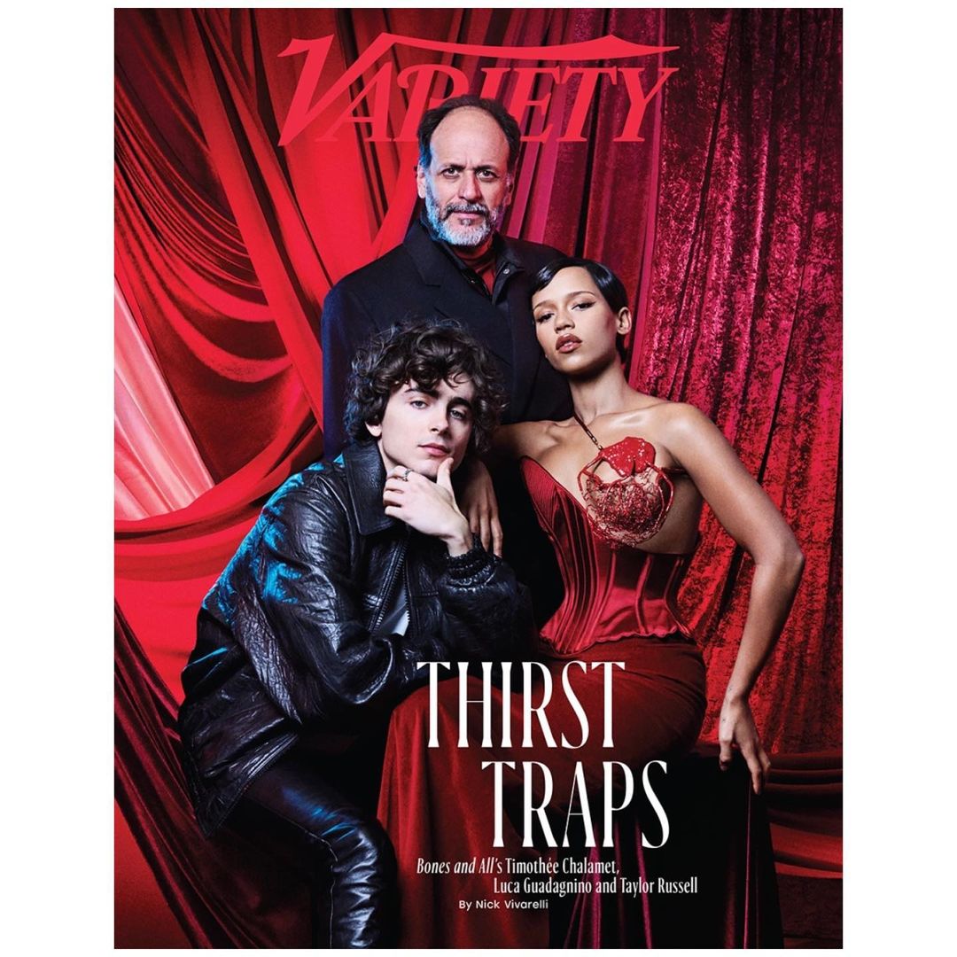 Variety magazine cover featuring actors Timothée Chalamet, Taylor Russell, and director Luca Guadagnino, with a red draped background.