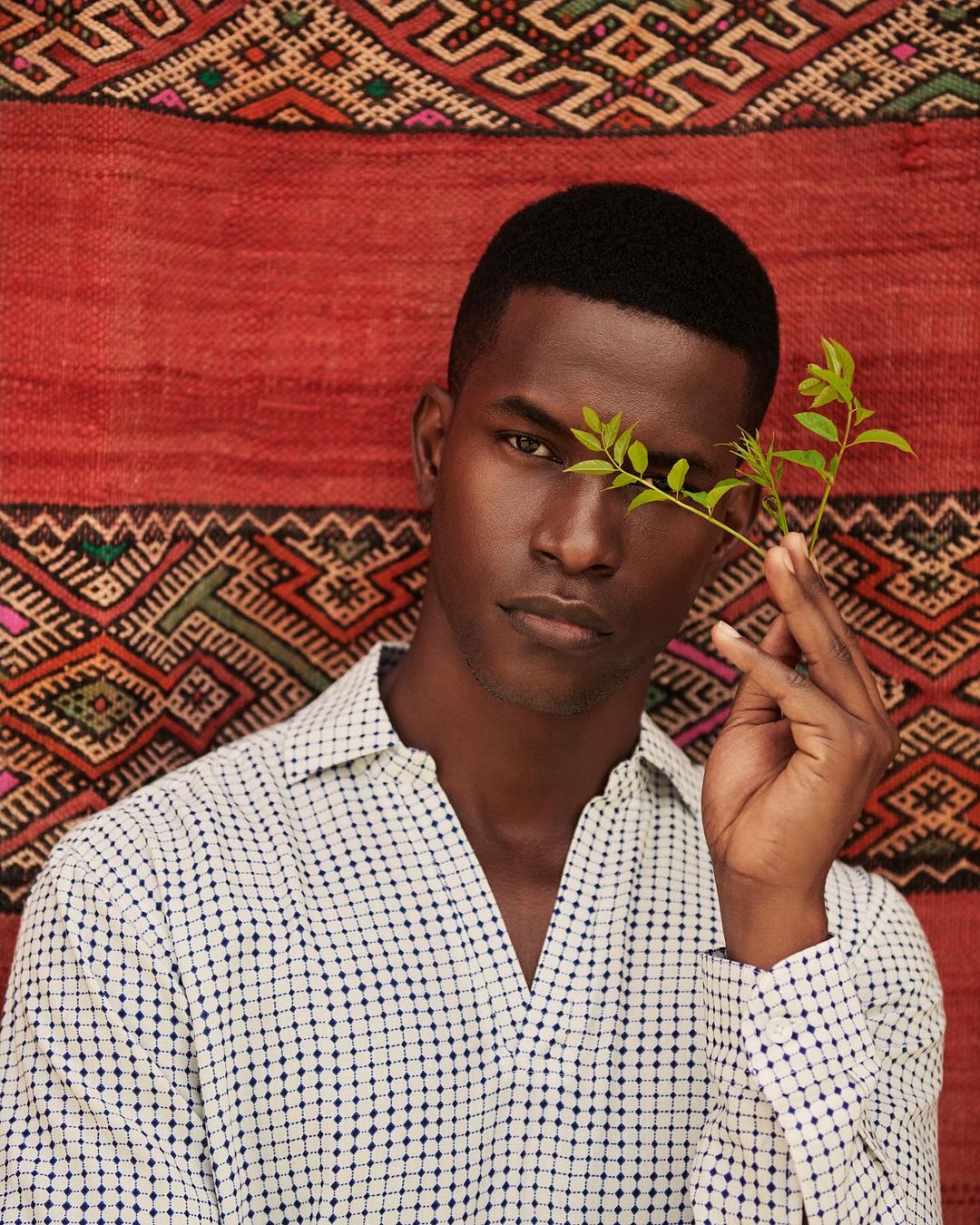 Close-up portrait of an African-American adult male holding a leafy green twig against a patterned red and tan textile backdrop.