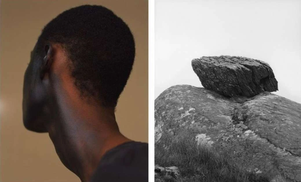 Split image of a close-up of a dark-skinned male's head and a large rock balanced on another rock in a monochromatic landscape.