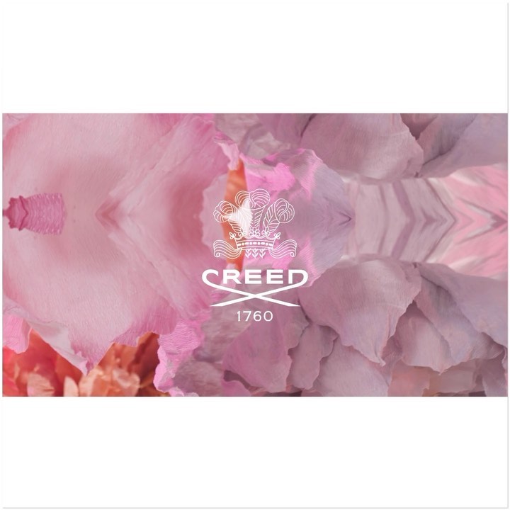 Close-up of the Creed fragrance logo centered amidst a soft, blurred background of pink and white floral patterns, creating a luxurious and elegant aesthetic.