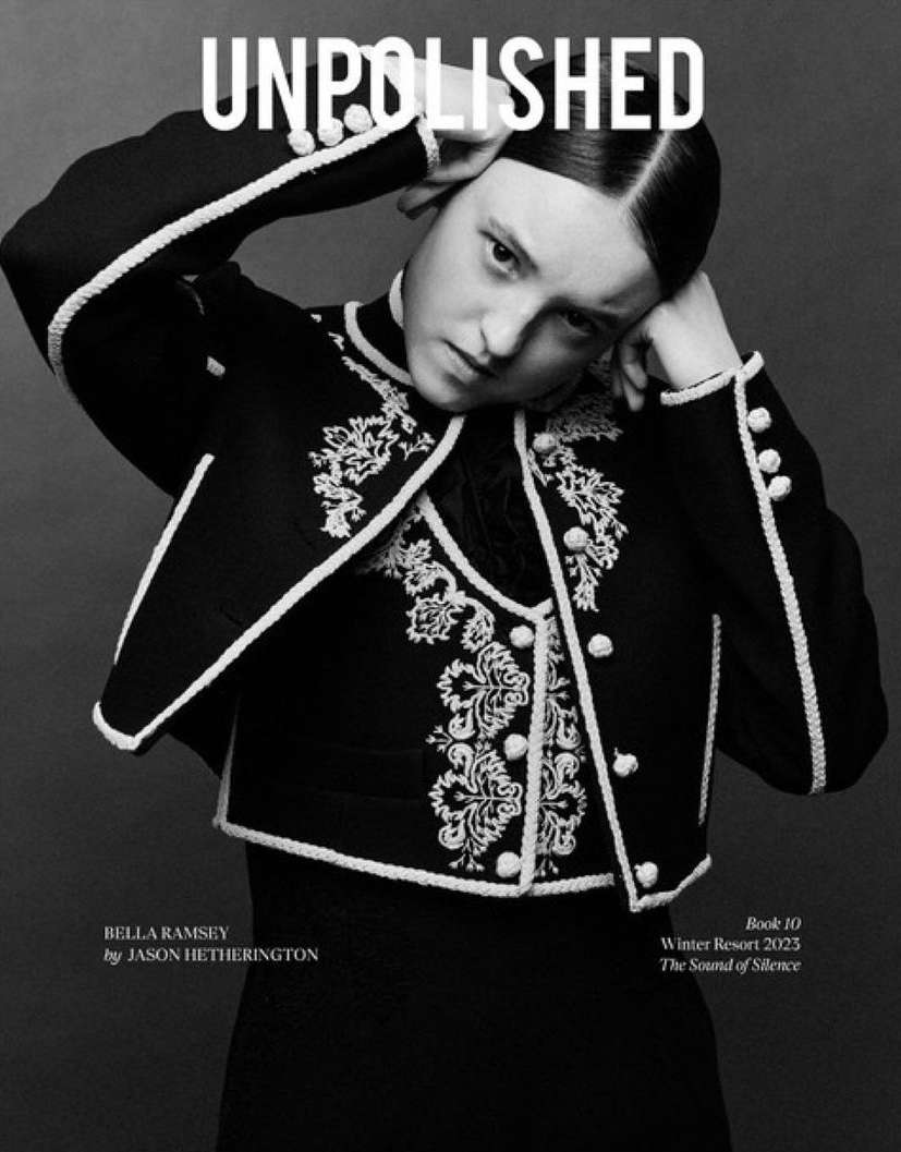 Bella Ramsey poses for a black-and-white magazine cover with the masthead UNPOLISHED, wearing an embroidered jacket and dress.