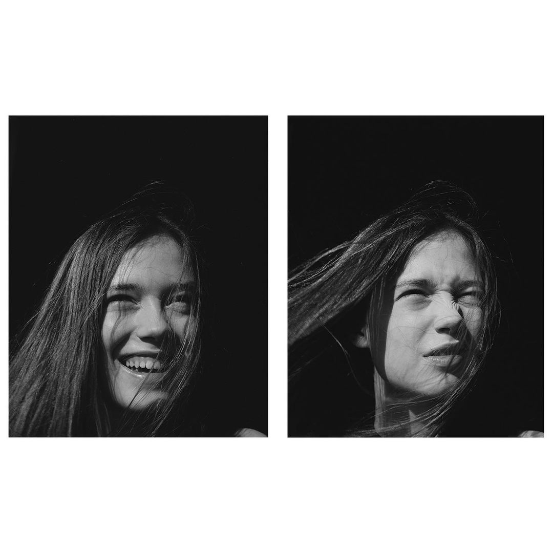Black and white portrait of a young woman with long hair, smiling and making a face against a dark background in a diptych.