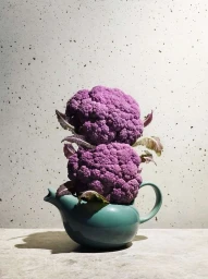 Two vibrant purple cauliflowers stacked upright inside a teal ceramic teapot on a pale speckled surface against a textured background.