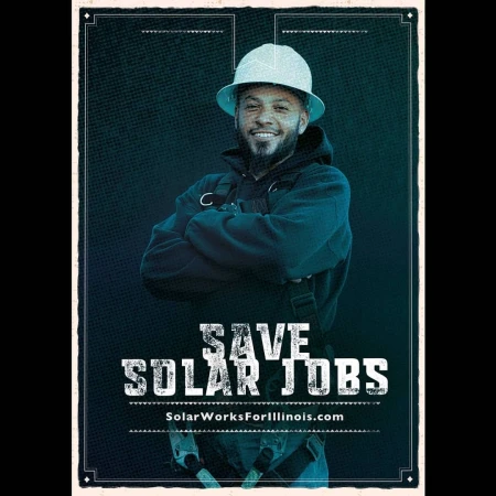 Portrait of an African-American man in work clothes and hard hat, arms crossed, smiling, over a poster for solar jobs in Illinois.