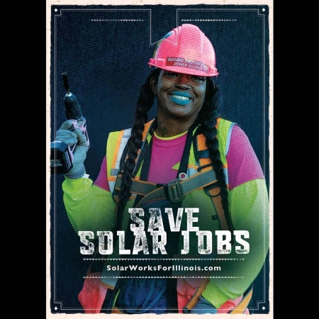 A woman in a hard hat and safety vest smiles while holding a drill in an advertisement to save solar jobs in Illinois.