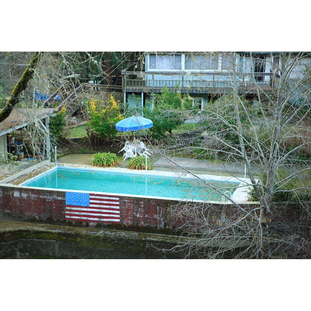 Outdoor swimming pool with a painted American flag design on the exterior, surrounded by trees and vegetation, with a house in the background.