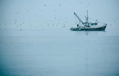 A small fishing boat on a calm, misty ocean with numerous seabirds flying in the overcast sky above.