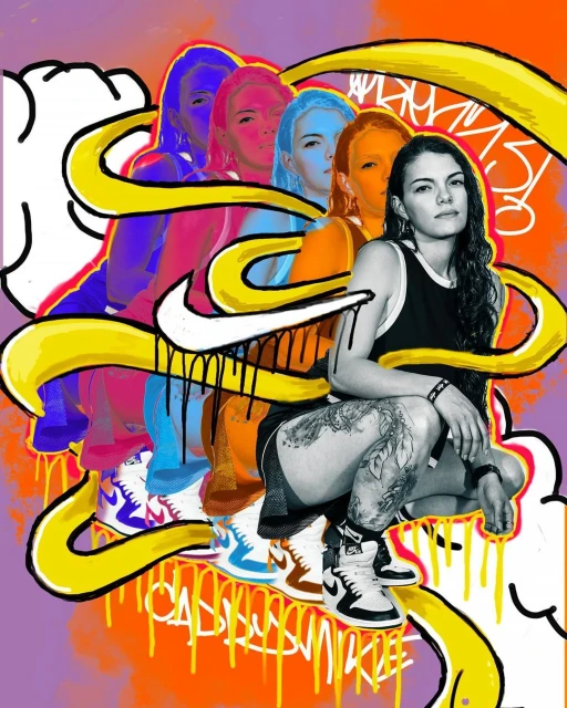 Illustration of a woman crouching, overlaid with multiple exposures and a Nike logo, in a graffiti art style with vibrant colors.