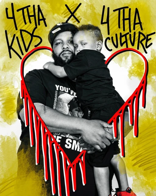 A man holds a young child surrounded by a heart shape in a graphic illustration against a mustard-colored background.
