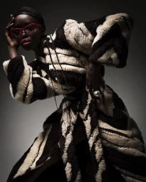 Black woman wearing red glasses and a black and white patterned coat posing against a grey gradient background