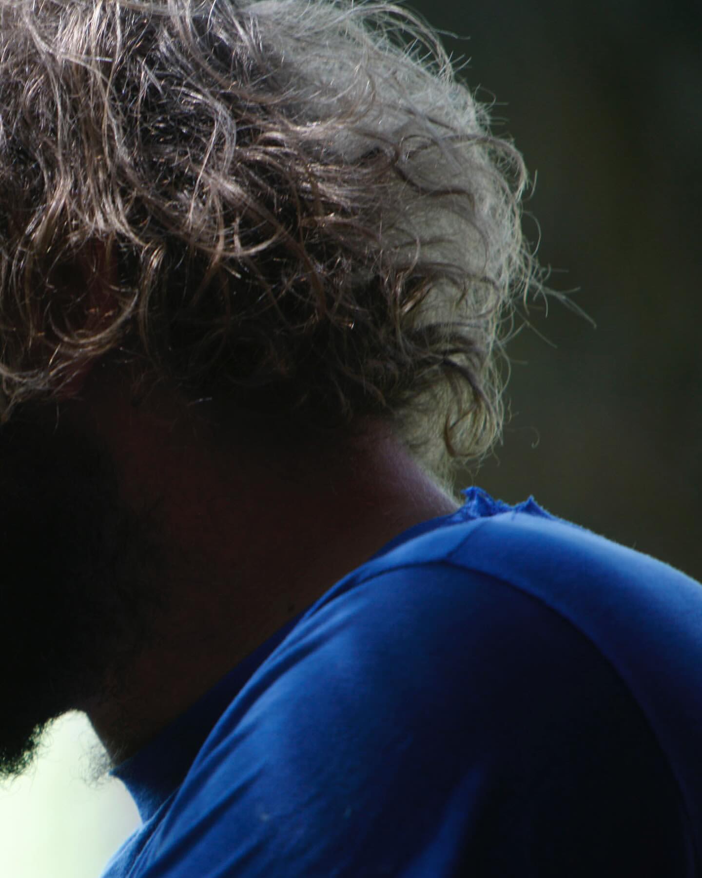 Close-up of an adult with graying hair wearing a blue shirt, facing away from the camera in an outdoor setting, focusing on hair and shoulders.