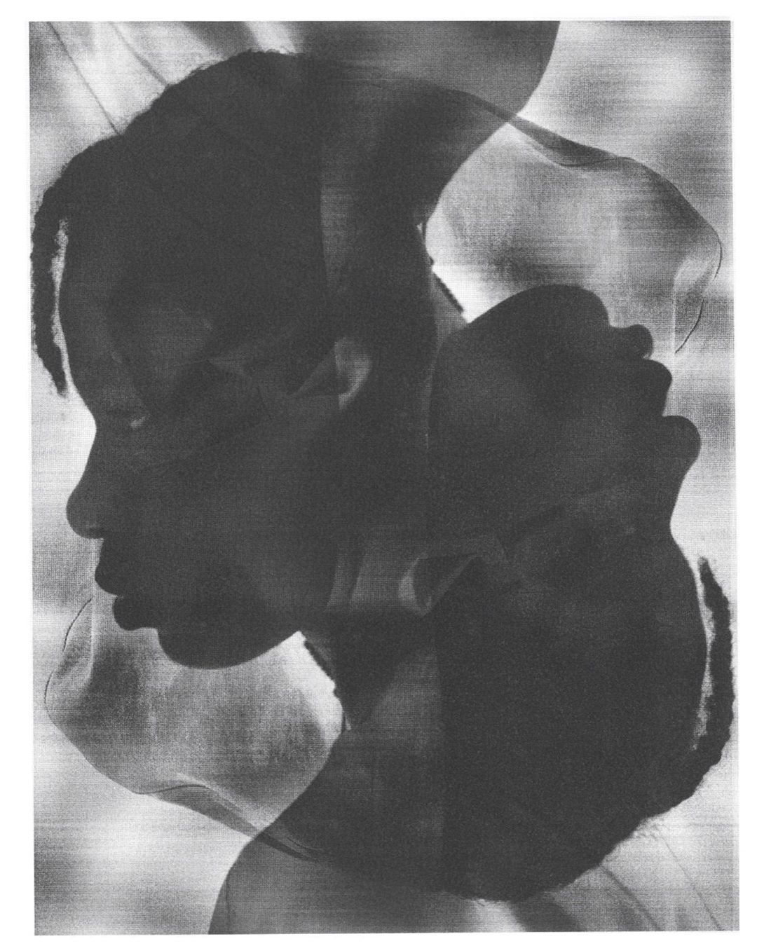 Monochrome portrait of two African American women in profile with a double exposure effect, showing layers and depth in a studio setting.