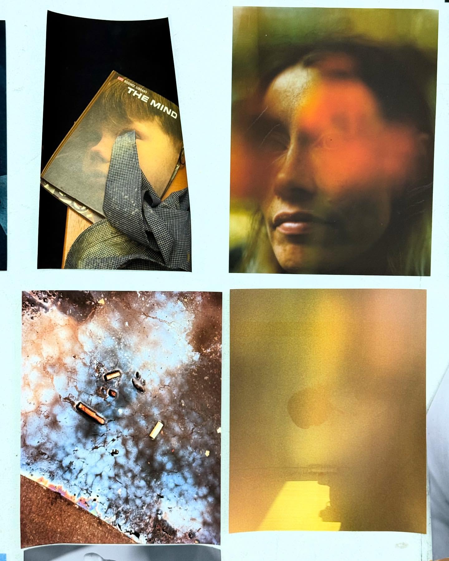 Four square art collage featuring a record cover, woman's face, scattered pills, and a yellow-toned abstract image on a white background.