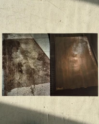 Diptych photograph featuring a textured pavement surface on the left and a weathered wooden panel on the right by Jason Nocito