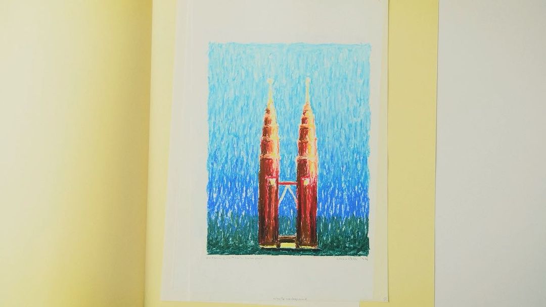 Vibrant artwork featuring stylized twin towers, rendered in a colorful crayon or pastel style, set against a bright blue background.