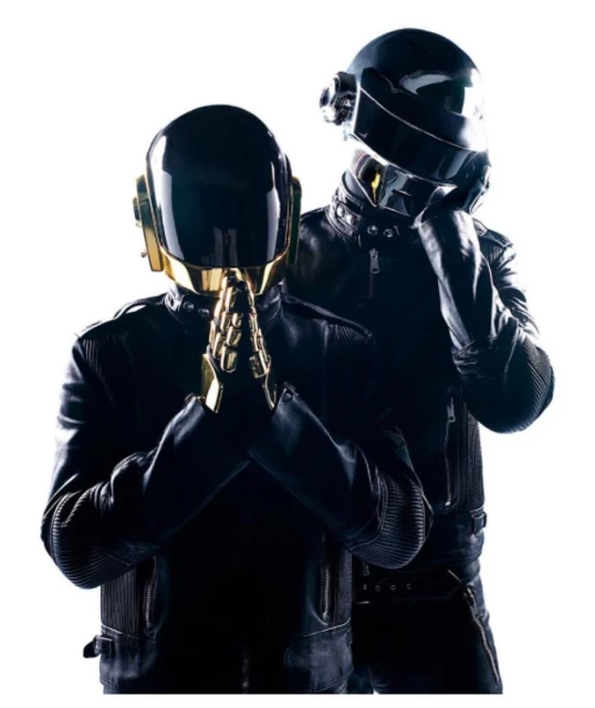 Two musicians wearing black leather jackets and reflective helmets, standing in front of a white background.