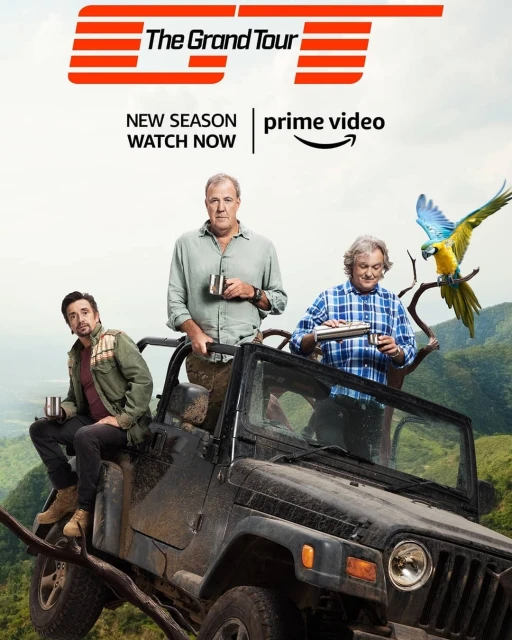 The Grand Tour promotional shot of Jeremy Clarkson, Richard Hammond, and James May in a Jeep with a parrot in a mountainous landscape.