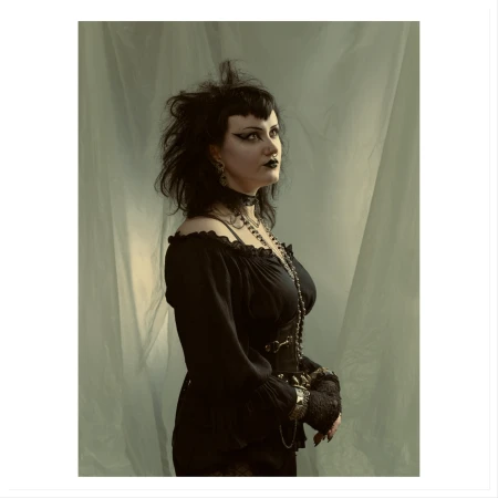 Portrait of a goth woman with dark makeup, black dress, and jewelry standing in front of a light green draped fabric background in a photo studio.