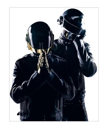 Two musicians wearing dark leather jackets and metallic helmets against a stark white backdrop for a Daft Punk-esque artistic photograph.